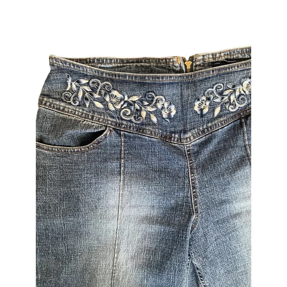 Vintage‎ Y2K Floral Embroidered Mid Waist Jeans cropped Denim Pants Women 10